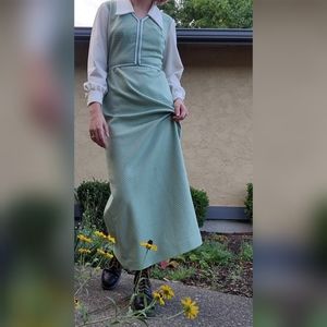 VTG 70s Mod Light Green, White Swiss Polka Dot Hostess Maxi Full Length Dress S